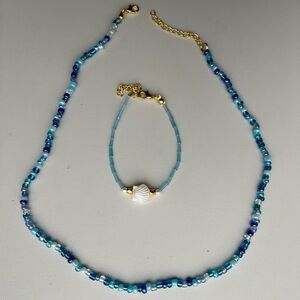 Handmade necklace & bracelet pack gold blue seed beads pearl shell